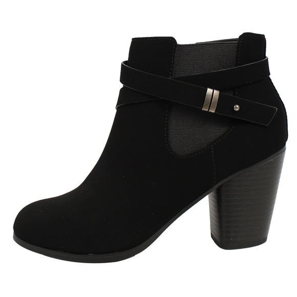 Shoes - Black Strappy Elastic Stacked Heel Ankle Bootie